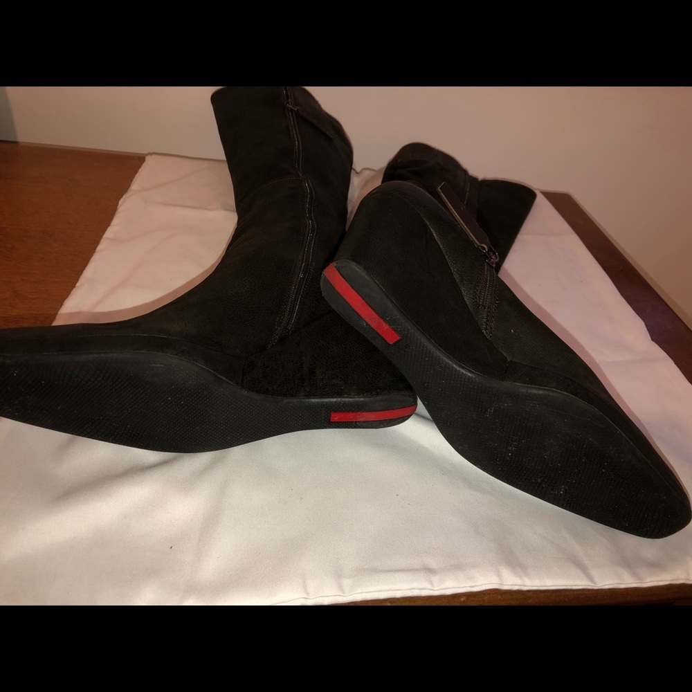 Prada Brown Leather Knee High Wedge Heel Boots - Picture 2 of 6